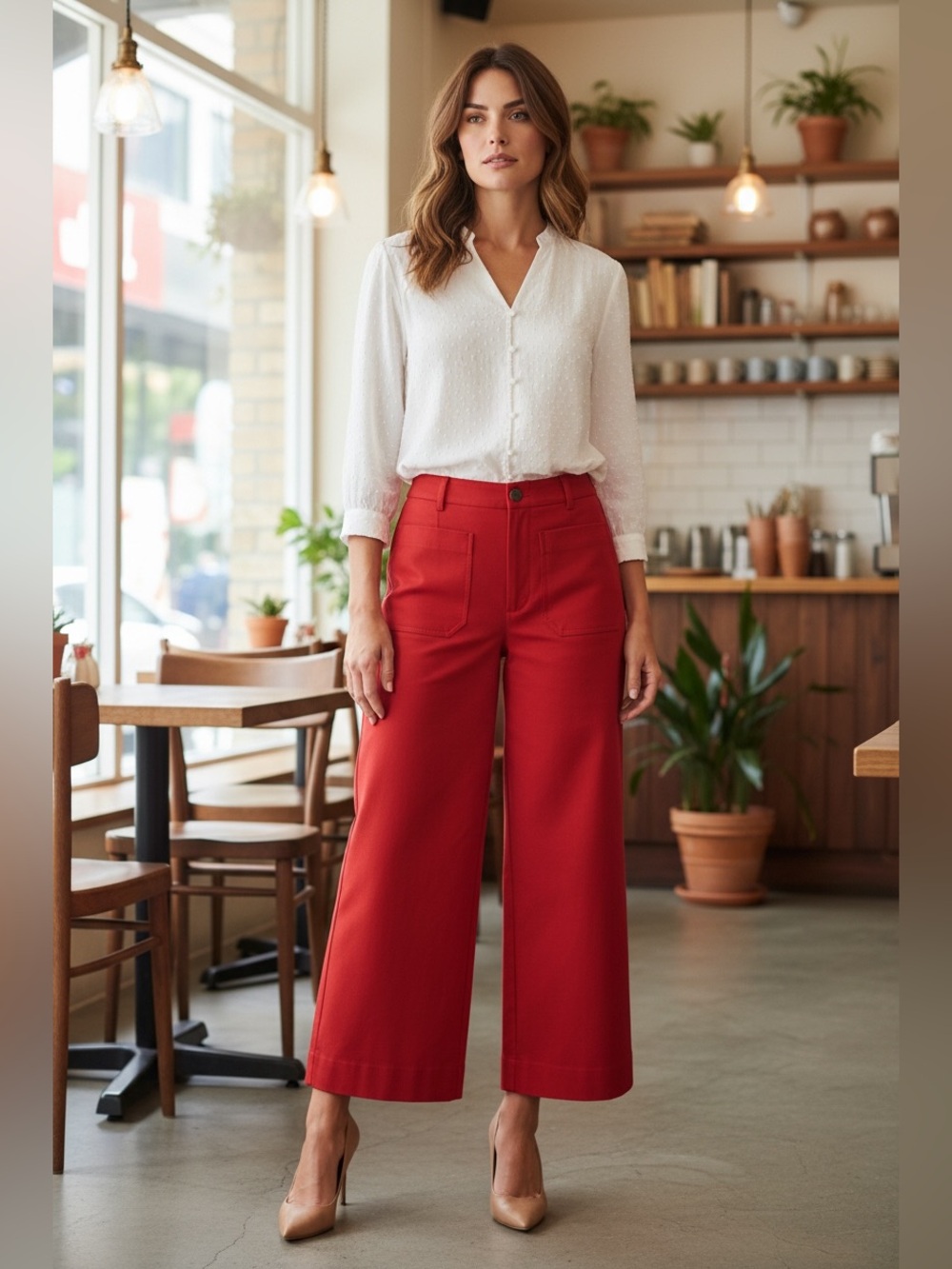 Lauren Conrad High Rise Wide-Leg Cropped Pants in Red